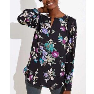 Loft Winter Garden Black Floral Keyhole Long‎ Sleeve Blouse Size S